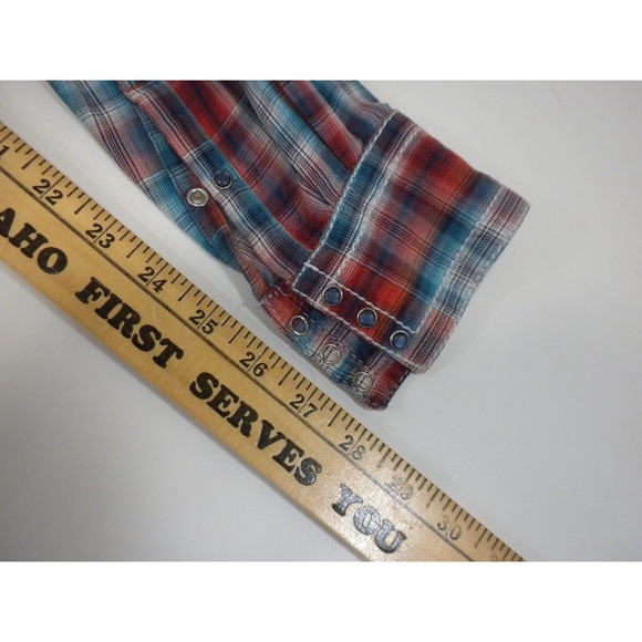 Ariat Shirt Womens M Red Blue Plaid Pearl Snap Western Embroidered Rodeo Cowgirl - Picture 13 of 13